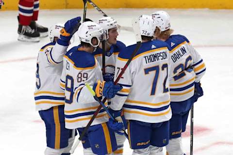 Feb 13, 2022; Montreal, Quebec, CAN; Buffalo Sabres right wing Tage Thompson (72) celebrates his goal against Montreal Canadiens with teammates during the second period at Bell Centre. Mandatory Credit: Jean-Yves Ahern-USA TODAY Sports