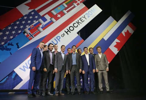 Sep 9, 2015; Toronto, Ontario, Canada; Steven Stamkos and Evgeni Malkin and Drew Doughty and Zdeno Chara and Brandon Saad and Tuukka Rask and Ryan McDonagh and Henrik Lundqvist and Sidney Crosby and Anze Kopitar and Dave Pastrnak pose during a press conference and media event for the 2016 World Cup of Hockey at Air Canada Centre. Mandatory Credit: Tom Szczerbowski-USA TODAY Sports