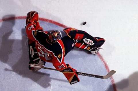 2000 Season: Mark Fitzpatrick kick save from above with sky-cam. (Photo by Scott Levy/Getty Images)