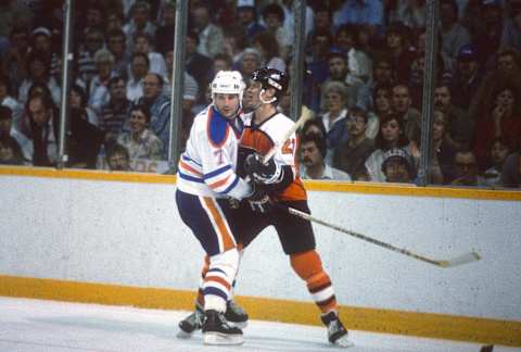 Paul Coffey #7 of the Edmonton Oilers. (Photo by Focus on Sport/Getty Images)