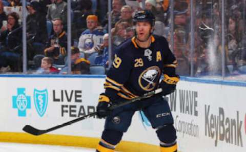 BUFFALO, NY – April 4: Jason Pominville #29 of the Buffalo Sabres skates against the Ottawa Senators during an NHL game on April 4, 2019, at KeyBank Center in Buffalo, New York. (Photo by Bill Wippert/NHLI via Getty Images)