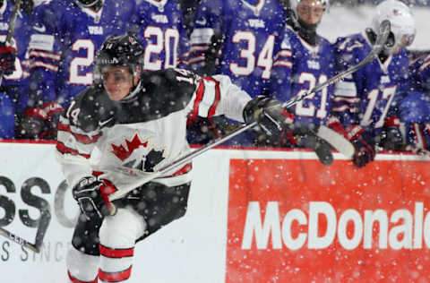 BUFFALO, NY – DECEMBER 29: Maxime Comtois #14 of Canada during the IIHF World Junior Championship at New Era Field against the United States on December 29, 2017. (Photo by Kevin Hoffman/Getty Images)