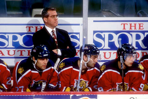 LANDOVER, MD – DECEMBER 28: Head coach Doug MacLean of the Florida Panthers looks on during a hockey game against the Washington Capitals on December 28, 1996 at USAir Arena in Landover, Maryland. The game ended in 1-1 overtime tie. (Photo by Mitchell Layton/Getty Images)