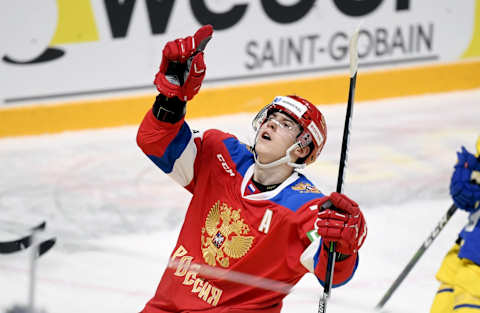 Russia’s Rodion Amirov celebrates a goal during the Ice Hockey Karjala Tournament . (Photo by Vesa Moilanen / Lehtikuva / AFP) / Finland OUT (Photo by VESA MOILANEN/Lehtikuva/AFP via Getty Images)