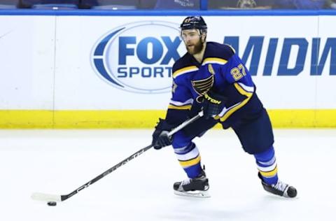 May 23, 2016; St. Louis, MO, USA; St. Louis Blues defenseman Alex Pietrangelo (27) skates with the puck against the San Jose Sharks during the third period in game five of the Western Conference Final of the 2016 Stanley Cup Playoffs at Scottrade Center. The Sharks won the game 6-3. Mandatory Credit: Billy Hurst-USA TODAY Sports