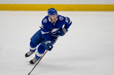 TAMPA, FL – JANUARY 19: Tampa Bay Lightning Center Brayden Point (21) during the NHL Hockey match between the Tampa Bay Lightening and San Jose Sharks on January 19 at Amalie Arena in Tampa, FL. (Photo by Andrew Bershaw/Icon Sportswire via Getty Images)