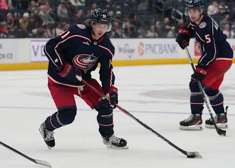 COLUMBUS, OHIO – SEPTEMBER 24: Kent Johnson #91 of the Columbus Blue Jackets skates with the puck during the third period against the Pittsburgh Penguins at Nationwide Arena on September 24, 2023 in Columbus, Ohio. (Photo by Jason Mowry/Getty Images)