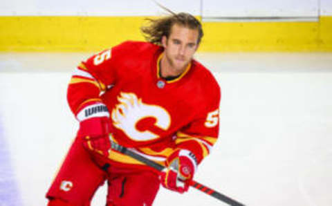 Sep 24, 2023; Calgary, Alberta, CAN; Calgary Flames defenseman Noah Hanifin (55) skates during the warmup period against the Vancouver Canucks at Scotiabank Saddledome. Mandatory Credit: Sergei Belski-USA TODAY Sports