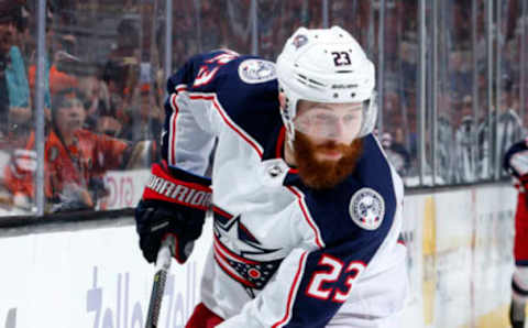 ANAHEIM, CA – MARCH 2: Ian Cole #23 of the Columbus Blue Jackets skates with the puck during the game against the Anaheim Ducks on March 2, 2018. (Photo by Debora Robinson/NHLI via Getty Images) *** Local Caption ***