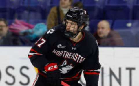 LOWELL, MA – MARCH 3: Jack Hughes #27 of the Northeastern Huskies skates against the UMass Lowell River Hawks during NCAA men’s hockey at the Tsongas Center on March 3, 2023 in Lowell, Massachusetts. The River Hawks won 3-1. (Photo by Richard T Gagnon/Getty Images)