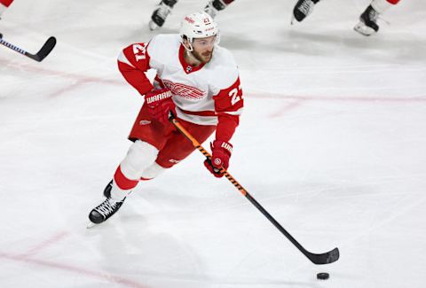 Jan 17, 2023; Tempe, Arizona, USA; Detroit Red Wings center Michael Rasmussen (27) against the Arizona Coyotes at Mullett Arena. Mandatory Credit: Mark J. Rebilas-USA TODAY Sports