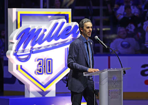 Jan 19, 2023; Buffalo, New York, USA; Former Buffalo Sabres goaltender Ryan Miller speaks to the crowd as he has his number retired before a game between the Buffalo Sabres and the New York Islanders at KeyBank Center. Mandatory Credit: Timothy T. Ludwig-USA TODAY Sports