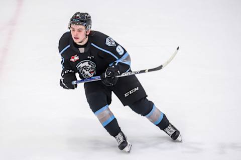 WINNIPEG, CANADA – APRIL 29: Zach Benson #9 of the Winnipeg ICE skates during second period action against the Saskatoon Blades in Game Two of the Third Round of the 2023 WHL Playoffs at Wayne Fleming Arena on April 29, 2023 in Winnipeg, Manitoba, Canada. (Photo by Jonathan Kozub/Getty Images)