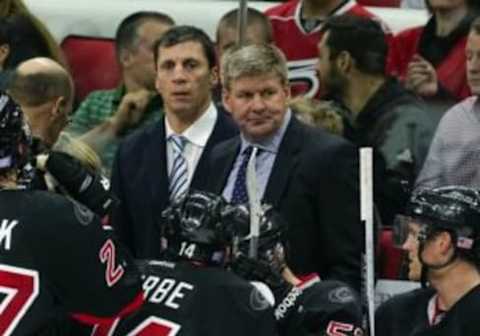 Nov 12, 2015; Raleigh, NC, USA; Carolina Hurricanes head coach Bill Peters looks on against the Minnesota Wild at PNC Arena. The Minnesota Wild defeated the Carolina Hurricanes 3-2 in the overtime. Mandatory Credit: James Guillory-USA TODAY Sports