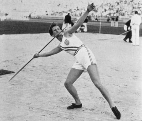 Mildred "Babe" Didrikson throwing the javelin to win the gold medal.