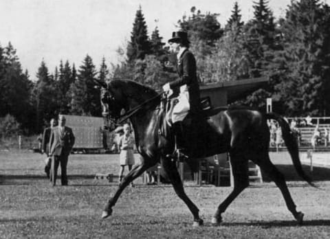 Lis Hartel and Jubilee at the 1952 Summer Olympics in Helsinki.