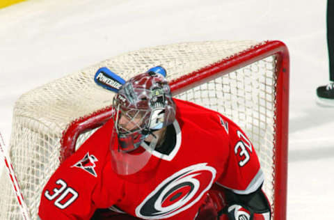 2004 Season: Player Patrick Desrochers of the Carolina Hurricanes. (Photo by Bruce Bennett Studios via Getty Images Studios/Getty Images)