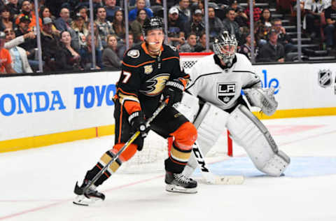 ANAHEIM, CA – SEPTEMBER 26: Anaheim Ducks center Rickard Rakell (67) in front of Los Angeles Kings goalie Jack Campbell (36) during an NHL preseason game between the Los Angeles Kings and the Anaheim Ducks played on September 26, 2018, at the Honda Center in Anaheim, CA.