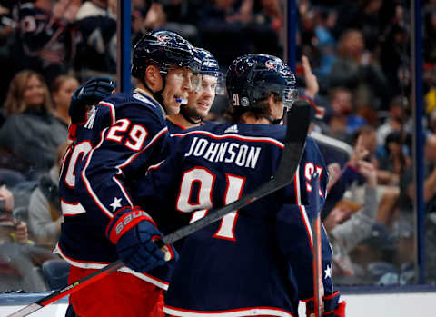 Sep 25, 2022; Columbus, Ohio, USA; Columbus Blue Jackets left wing Patrik Laine (29) celebrates his goal with forward Kent Johnson (91) during the second period against the Pittsburgh Penguins at Nationwide Arena. Mandatory Credit: Joseph Maiorana-USA TODAY Sports