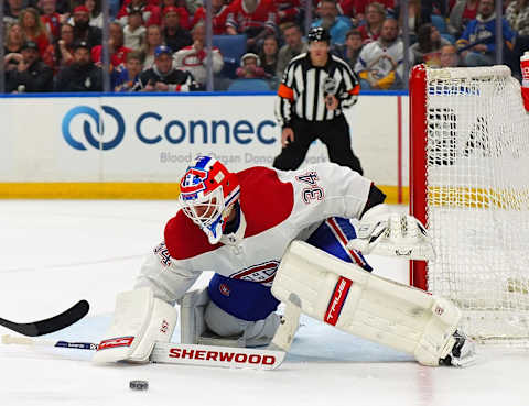 BUFFALO, NY – MARCH 27: Jake Allen #34 of the Montreal Canadiens during the game against the Buffalo Sabres at KeyBank Center on March 27, 2023 in Buffalo, New York. (Photo by Kevin Hoffman/Getty Images)