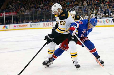 Feb 16, 2020; New York, New York, USA; New York Rangers left wing Brendan Lemieux (48) defends against Boston Bruins center Sean Kuraly (52) during the first period at Madison Square Garden. Mandatory Credit: Noah K. Murray-USA TODAY Sports