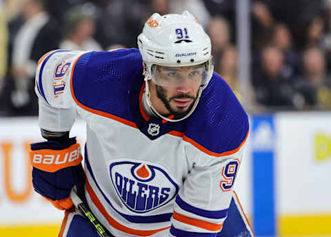 LAS VEGAS, NEVADA – MAY 12: Evander Kane #91 of the Edmonton Oilers waits for a faceoff in the third period of Game Five of the Second Round of the 2023 Stanley Cup Playoffs against the Vegas Golden Knights at T-Mobile Arena on May 12, 2023 in Las Vegas, Nevada. The Golden Knights defeated the Oilers 4-3. (Photo by Ethan Miller/Getty Images)