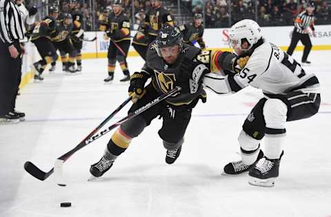 LAS VEGAS, NEVADA – SEPTEMBER 27: William Carrier #28 of the Vegas Golden Knights skates during the third period against the Los Angeles Kings at T-Mobile Arena on September 27, 2019 in Las Vegas, Nevada. (Photo by David Becker/NHLI via Getty Images)