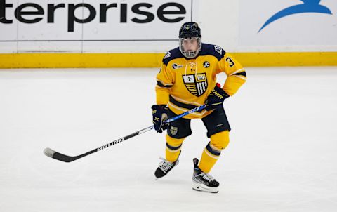 BOSTON, MA – MARCH 17: Zach Bookman #3 of the Merrimack Warriors skates against the UMass Lowell River Hawks during NCAA men’s hockey in the Hockey East Championship semifinal at TD Garden on March 17, 2023 in Boston, Massachusetts. The Warriors won 2-1 in double overtime. (Photo by Richard T Gagnon/Getty Images)