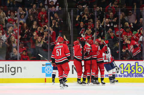 RALEIGH, NC – DECEMBER 28: Carolina Hurricanes celebrate a goal during the 1st half of the Carolina Hurricanes game versus the Washington Capitals on December 28th, 2019 at PNC Arena in Raleigh, NC (Photo by Jaylynn Nash/Icon Sportswire via Getty Images)