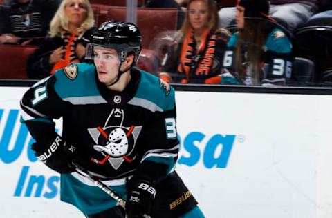 ANAHEIM, CA – OCTOBER 8: Sam Steel #34 of the Anaheim Ducks skates with the puck during the game against the Detroit Red Wings on October 8, 2018, at Honda Center in Anaheim, California. (Photo by Debora Robinson/NHLI via Getty Images)