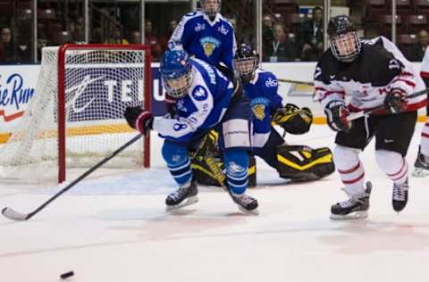 SARNIA, ON – NOVEMBER 02: Tarmo Reunanen #8 of Finland skates against Anthony Salinitri #17 of Canada White during the World Under-17 Hockey Challenge on November 2, 2014, at the RBC Centre in Sarnia, Ontario. (Photo by Dennis Pajot/Getty Images)