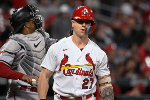 ST LOUIS, MO – APRIL 17: Tyler O’Neill #27 of the St. Louis Cardinals looks on after striking out against the Arizona Diamondbacks at Busch Stadium on April 17, 2023 in St Louis, Missouri. (Photo by Joe Puetz/Getty Images)