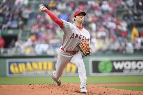 Apr 17, 2023; Boston, Massachusetts, USA; Los Angeles Angels starting pitcher Shohei Ohtani (17) pitches during the first inning against the Boston Red Sox at Fenway Park. Mandatory Credit: Bob DeChiara-USA TODAY Sports