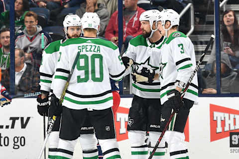 COLUMBUS, OH – NOVEMBER 6: Jamie Benn #14 of the Dallas Stars celebrates his third period goal with teammates Tyler Seguin #91, Jason Spezza #90 and John Klingberg #3 of the Dallas Stars during a game against the Columbus Blue Jackets on November 6, 2018 at Nationwide Arena in Columbus, Ohio. (Photo by Jamie Sabau/NHLI via Getty Images)