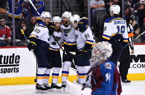 Mar 21, 2017; Denver, CO, USA; St. Louis Blues left wing Jaden Schwartz (17) celebrates his goal with left wing Alexander Steen (20) and defenseman Alex Pietrangelo (27) and right wing Vladimir Tarasenko (91) and defenseman Jay Bouwmeester (19) in the third period at the Pepsi Center. The Blues defeated the Avalanche 4-2. Mandatory Credit: Ron Chenoy-USA TODAY Sports