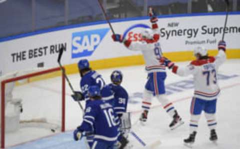 May 31, 2021; Toronto, Ontario, CAN; Montreal Canadiens forward Corey Perry (94) celebrates after scoring against the Toronto Maple Leafs in game seven of the first round of the 2021 Stanley Cup Playoffs at Scotiabank Arena. Mandatory Credit: Dan Hamilton-USA TODAY Sports