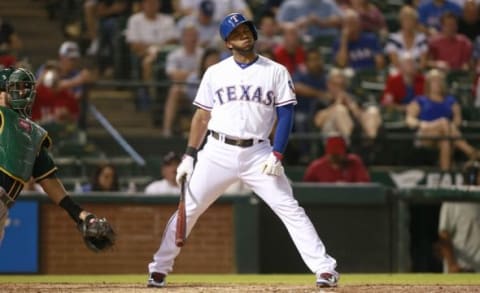 Sep 25, 2014; Arlington, TX, USA; Texas Rangers shortstop Elvis Andrus (1) reacts to a called strike in the fourth inning against the Oakland Athletics at Globe Life Park in Arlington. Mandatory Credit: Tim Heitman-USA TODAY Sports