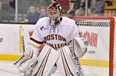 BOSTON, MA – FEBRUARY 05: Boston College Eagles goaltender Joseph Woll (31) keeps a close eye on the puck. During the Boston College Eagles game against the Northeastern Huskies at TD Garden on February 5, 2018 in Boston, MA (Photo by Michael Tureski/Icon Sportswire via Getty Images)