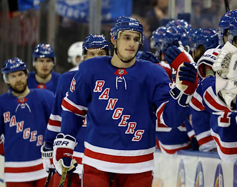 NEW YORK, NY – MARCH 30: Brady Skjei #76 of the New York Rangers celebrates his goal with teammates on the bench in the first period against the Tampa Bay Lightning on March 30, 2018 at Madison Square Garden in New York City. (Photo by Elsa/Getty Images)