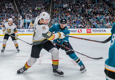 SAN JOSE, CA – APRIL 23: Vegas Golden Knights right wing Mark Stone (61) and San Jose Sharks left wing Marcus Sorensen (20) tie each other up during Game 7, Round 1 between the Vegas Golden Knights and the San Jose Sharks on Tuesday, April 23, 2019 at the SAP Center in San Jose, California. (Photo by Douglas Stringer/Icon Sportswire via Getty Images)