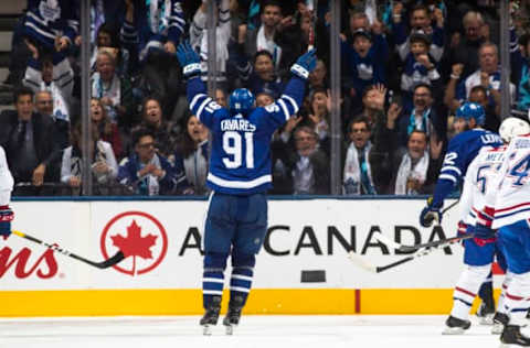 TORONTO, ON – OCTOBER 3: John Tavares #91 of the Toronto Maple Leafs celebrates his goal during the second period against the Montreal Canadiens at the Scotiabank Arena on October 3, 2018 in Toronto, Ontario, Canada. (Photo by Mark Blinch/NHLI via Getty Images)