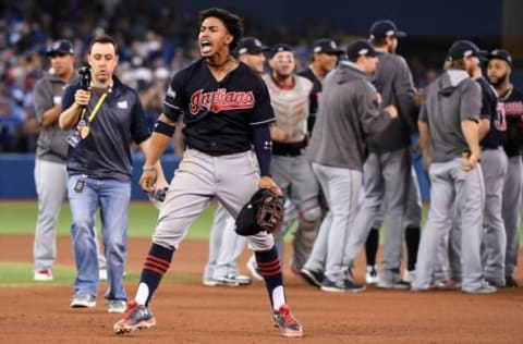 Oct 19, 2016; Toronto, Ontario, CAN; Cleveland Indians shortstop Francisco Lindor (12) celebrates beating the Toronto Blue Jays in game five of the 2016 ALCS playoff baseball series at Rogers Centre. Mandatory Credit: Nick Turchiaro-USA TODAY Sports. Fantasy Baseball.