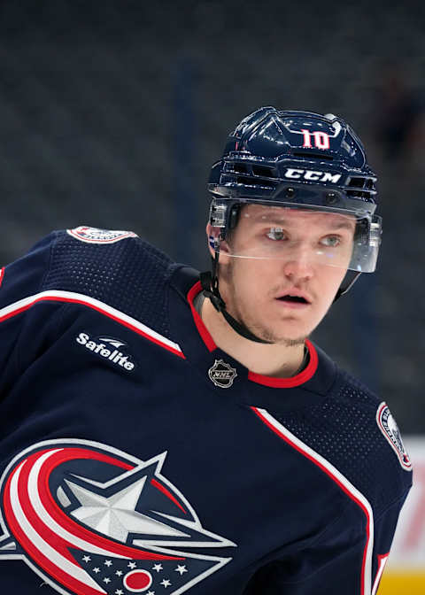 COLUMBUS, OHIO – OCTOBER 02: Dmitri Voronkov #10 of the Columbus Blue Jackets skates in warmups prior to the game against the St. Louis Blues at Nationwide Arena on October 02, 2023 in Columbus, Ohio. (Photo by Jason Mowry/Getty Images)