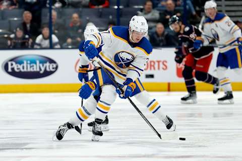 COLUMBUS, OH – DECEMBER 07: Casey Mittelstadt #37 of the Buffalo Sabres controls the puck during the game against the Columbus Blue Jackets at Nationwide Arena on December 7, 2022 in Columbus, Ohio. Buffalo defeated Columbus 9-4. (Photo by Kirk Irwin/Getty Images)