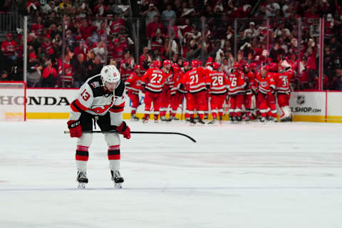 New Jersey Devils center Nico Hischier (13) reacts after their loss: James Guillory-USA TODAY Sports