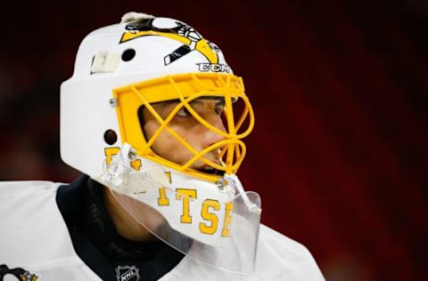 NHL Trade Rumors: Pittsburgh Penguins goalie Marc-andre Fleury (29) looks on before the game against the Carolina Hurricanes at PNC Arena. The Pittsburgh Penguins defeated the Carolina Hurricanes 3-1. Mandatory Credit: James Guillory-USA TODAY Sports