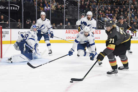 William Karlsson #71 of the Vegas Golden Knights skates with the puck against Cedric Paquette #13 and Andrei Vasilevskiy #88 of the Tampa Bay Lightning. (Photo by Ethan Miller/Getty Images)