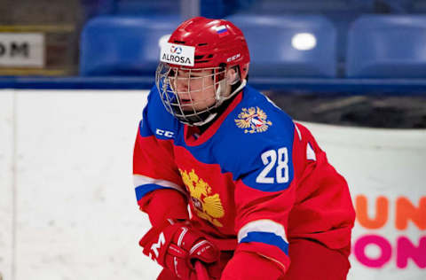 PLYMOUTH, MI – DECEMBER 11: Alexandr Pashin #28 of the U17 Russian Nationals skates up ice with the puck against the Switzerland Nationals during day one of game one of the 2018 Under-17 Four Nations Tournament at USA Hockey Arena on December 11, 2018 in Plymouth, Michigan. Russia defeated Switzerland 9-1. (Photo by Dave Reginek/Getty Images)