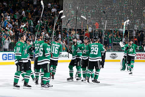 DALLAS, TX – NOVEMBER 4: The Dallas Stars salute their fans after a win against the Buffalo Sabres at the American Airlines Center on November 4, 2017 in Dallas, Texas. (Photo by Glenn James/NHLI via Getty Images)