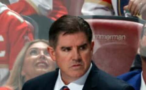 SUNRISE, FL – MAY 5: Head coach Peter Laviolette of the Washington Capitals looks on during third period action against the Florida Panthers in Game Two of the First Round of the 2022 NHL Stanley Cup Playoffs at the FLA Live Arena on May 5, 2022 in Sunrise, Florida. The Panthers defeated the Capitals 5-1. (Photo by Joel Auerbach/Getty Images)